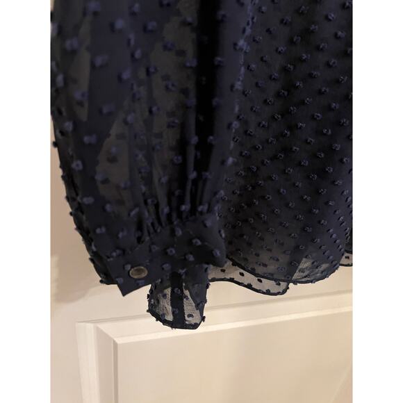 J. Crew Women's Navy Blue Silk Swiss Dot Textured 2 Blouse Peasant Keyhole Sheer - Picture 5 of 7